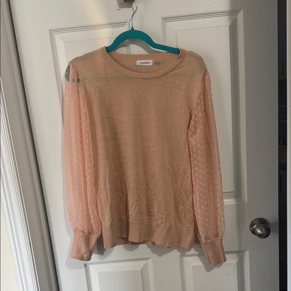 Charming Blush Sweater with Sheer Polka Dot Sleeves